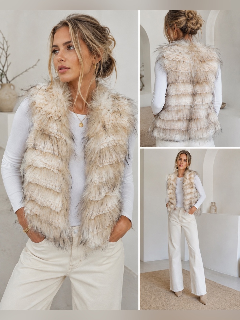 Linda Richards Luxury Genuine Rabbit & Fox Fur Vest Cream Ivory Gray Size Small